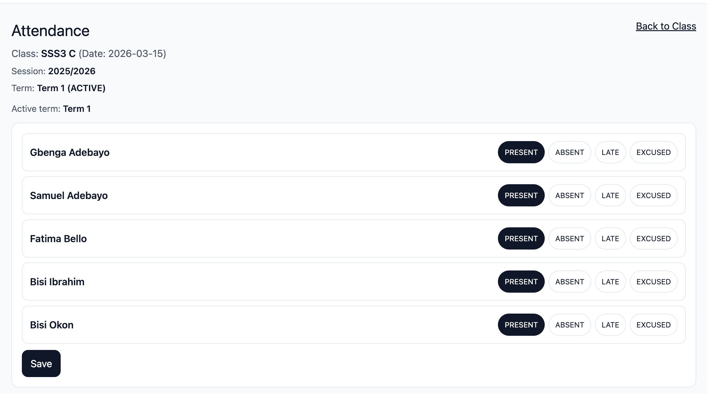 SchoolsRep attendance screen showing a class register with structured attendance controls.