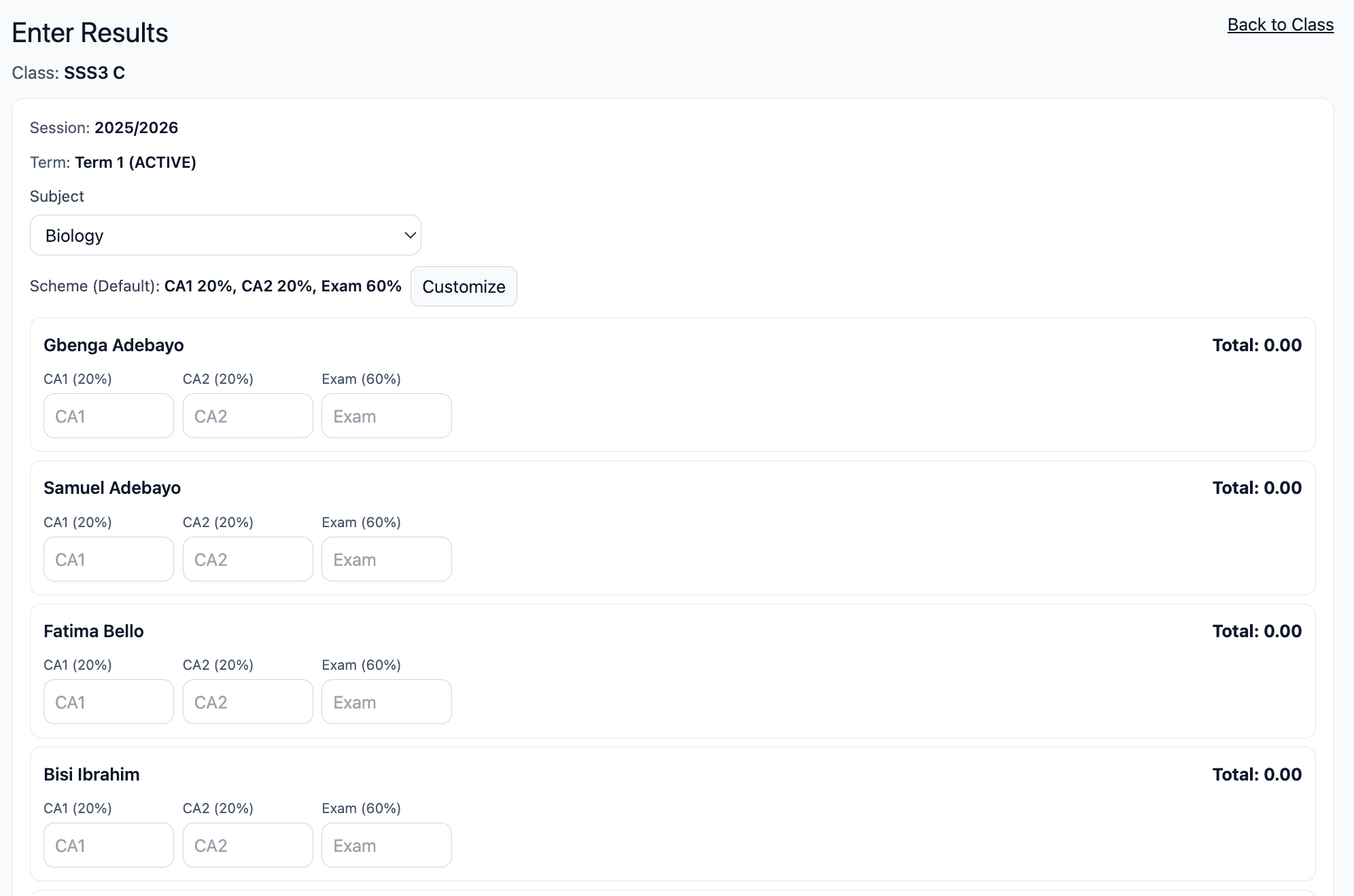 SchoolsRep results entry screen showing subject selection and term-based score entry for students.