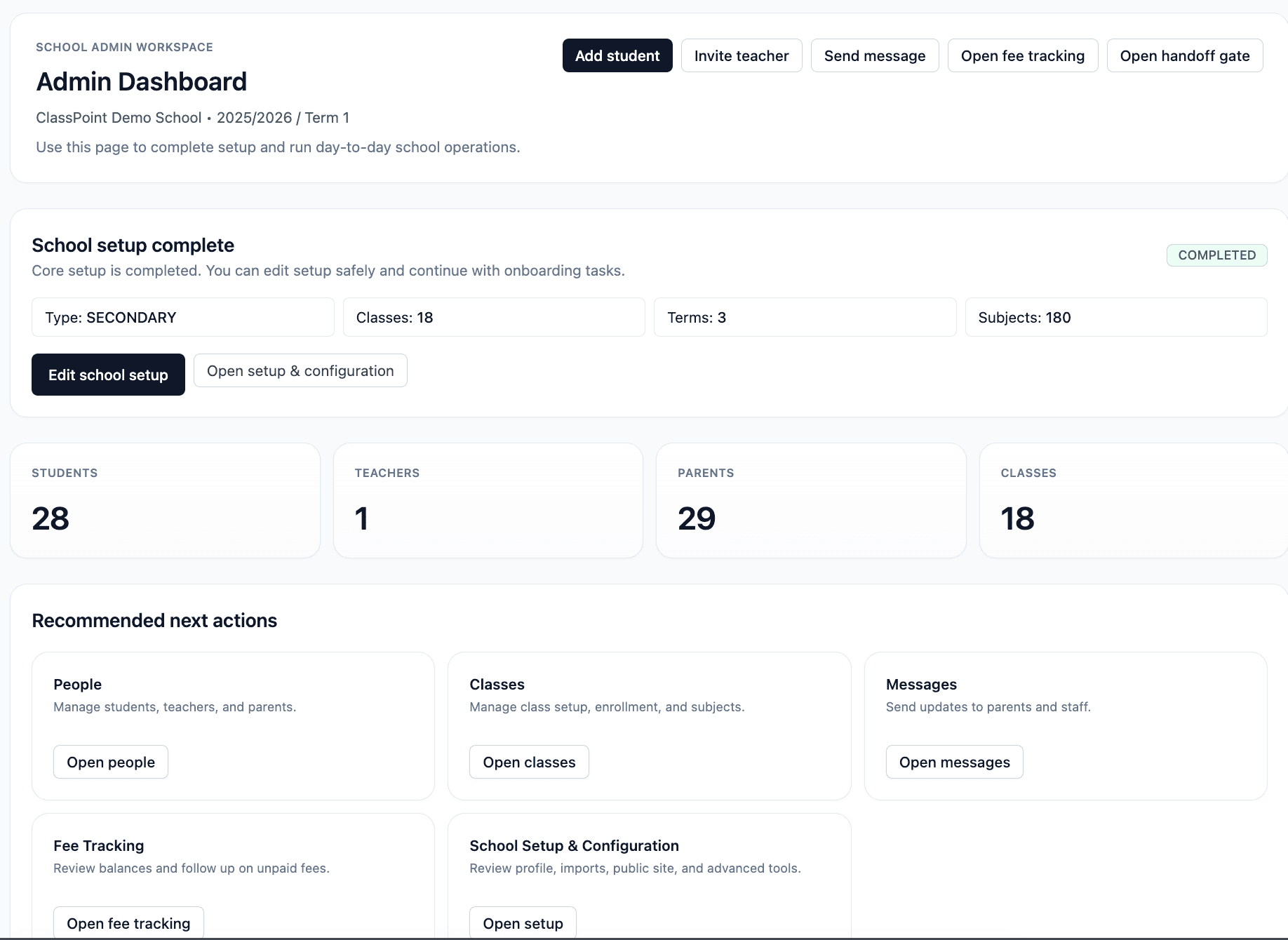 SchoolsRep admin dashboard showing school operations, setup status, and recommended actions.
