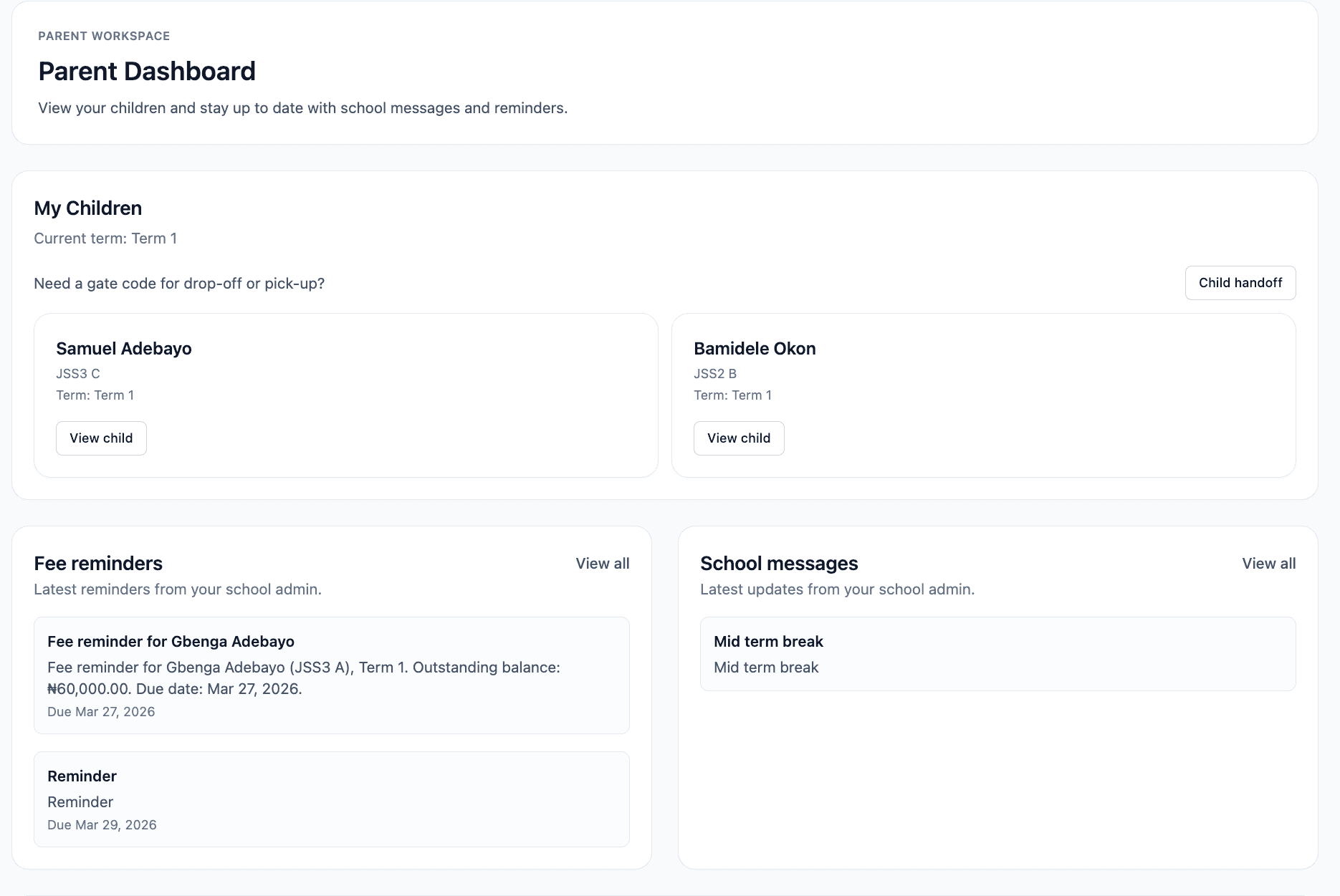SchoolsRep parent portal showing children, fee reminders, and school messages.
